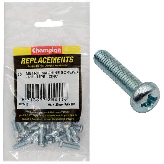Champion M6 x 20mm Machine Screw P/H Phillips -20pk