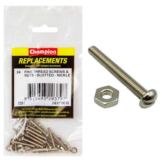 Champion 6/40 x 1in UNF Rnd Hd Machine Screw & Nut (Ni)-24pk