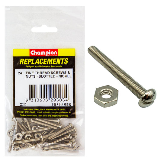 Champion 8/36in x 1-1/4in UNF Rnd Hd Machine Scr & Nut (Ni)