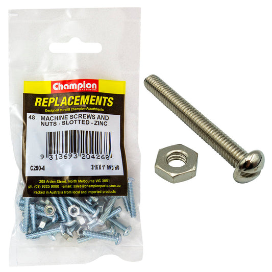 Champion 3/16in x 1in BSW Rnd Head Machine Screw & Nut (Zn)
