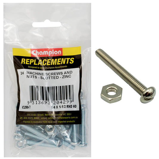 Champion 1/4 x 1-1/2in BSW Rnd Hd Machine Screw & Nut - 24pk