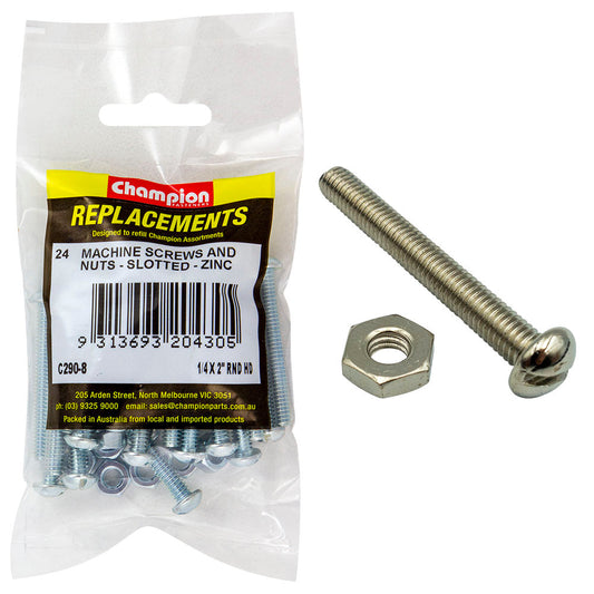 Champion 1/4 x 2in BSW Rnd Head Machine Screw & Nut - 24pk