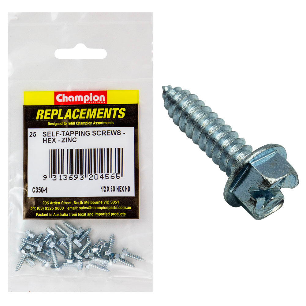Champion 10G x 1/2in S/Tapping Screw HexHead Phillips -100pk
