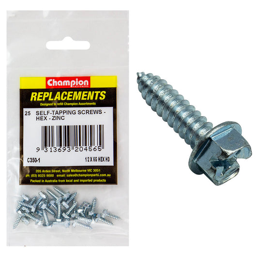 Champion 10G x 1/2in S/Tapping Screw HexHead Phillips -100pk