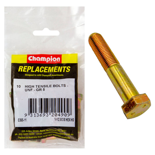 Champion 3/8in x 1-1/2in UNF Bolt -Gr5 -10pk