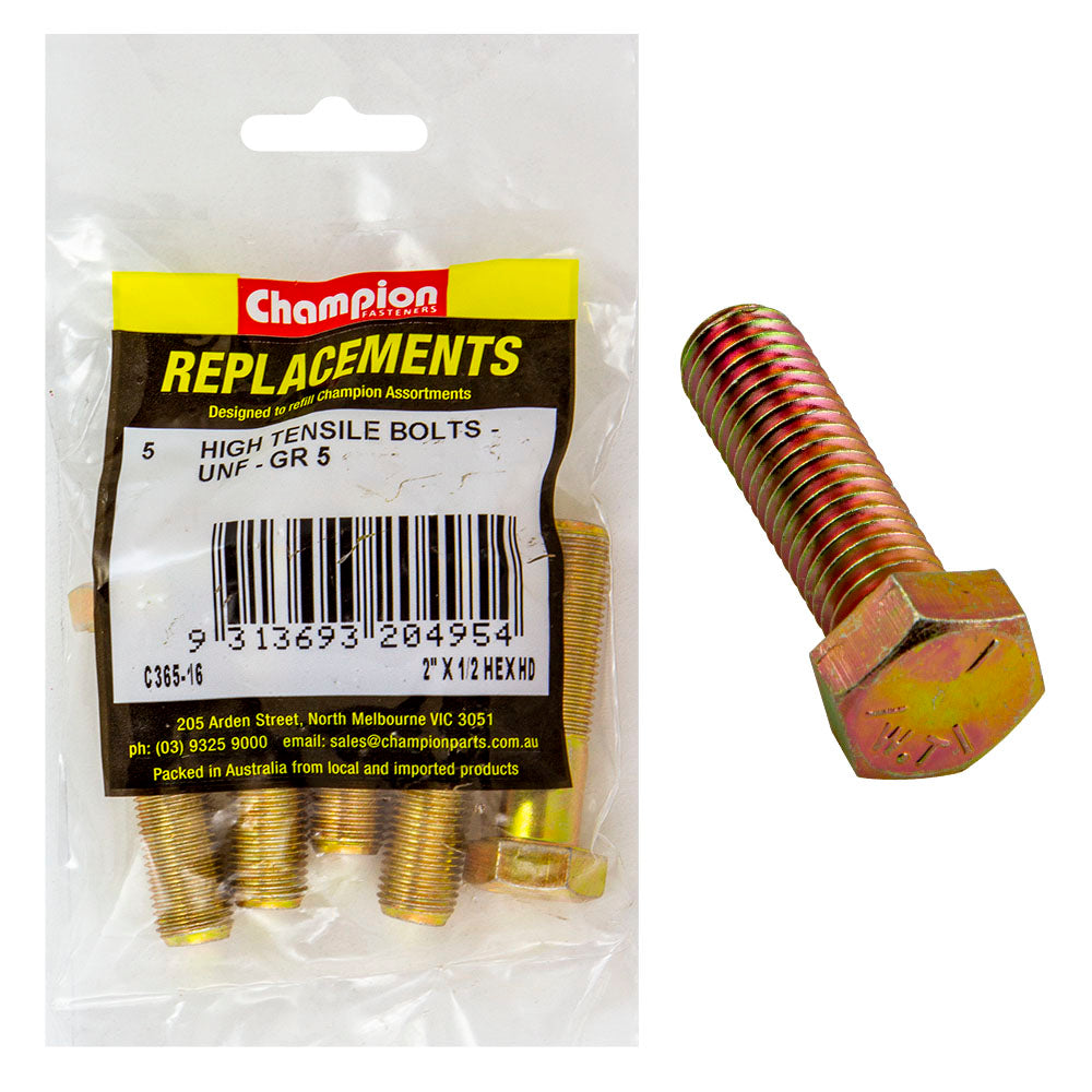 Champion 1/2in x 2in UNF Bolt -Gr5 -5pk