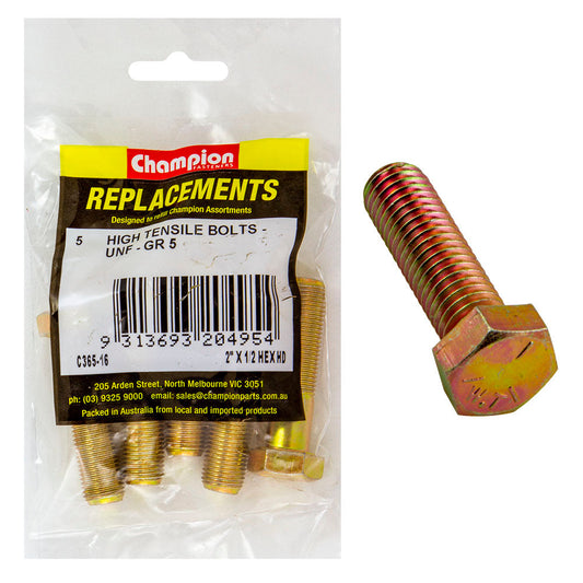 Champion 1/2in x 2in UNF Bolt -Gr5 -5pk