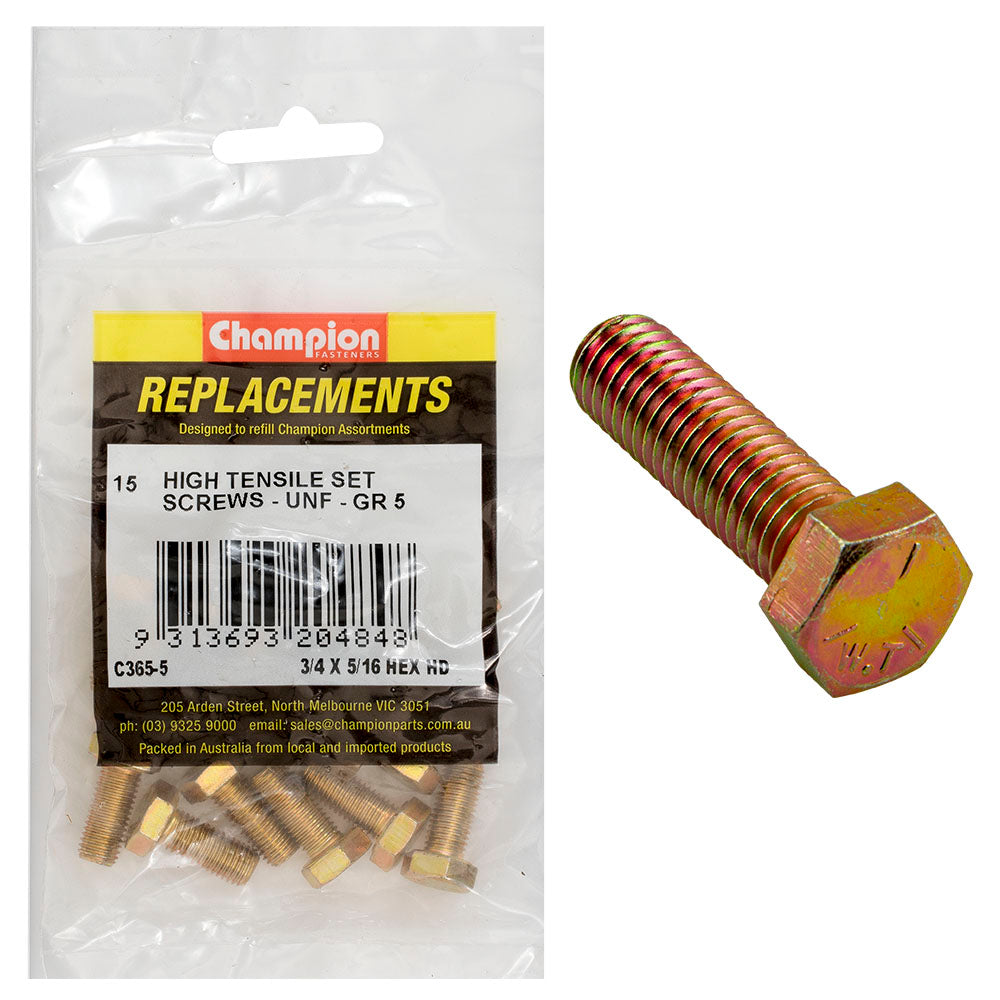 Champion 5/16in x 3/4in UNF Set Screw -Gr5 -15pk