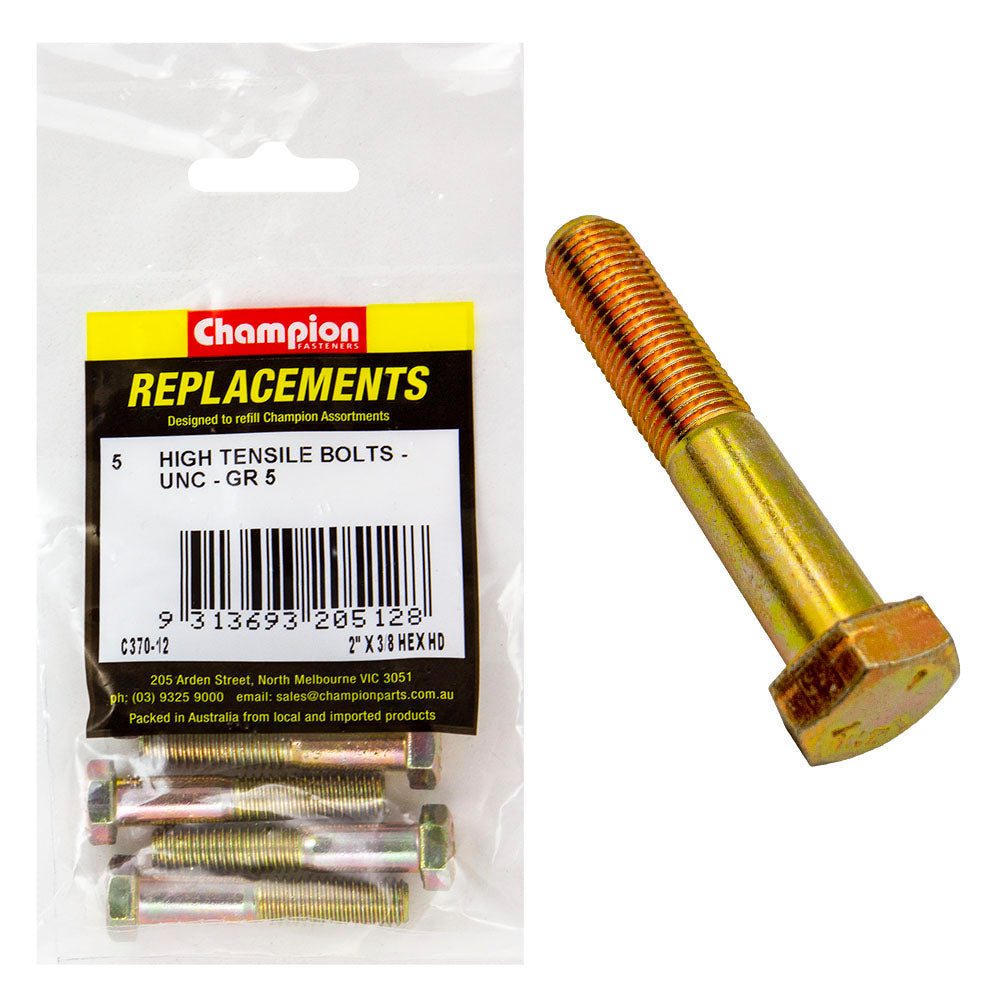 Champion 3/8in x 2in UNC Bolt -Gr5 -5pk