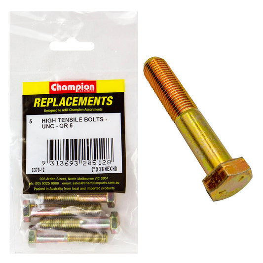 Champion 3/8in x 2in UNC Bolt -Gr5 -5pk