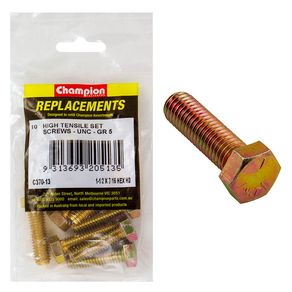 Champion 7/16in x 1-1/4in UNC Set Screw -Gr5 -10pk