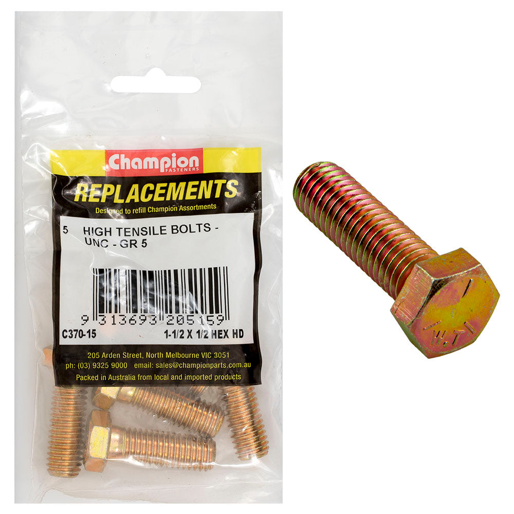Champion 1/2in x 1-1/2in UNC Bolt -Gr5 -5pk