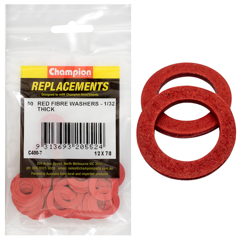 Champion 1/2in x 7/8in x 1/32in Red Fibre Washer -50pk
