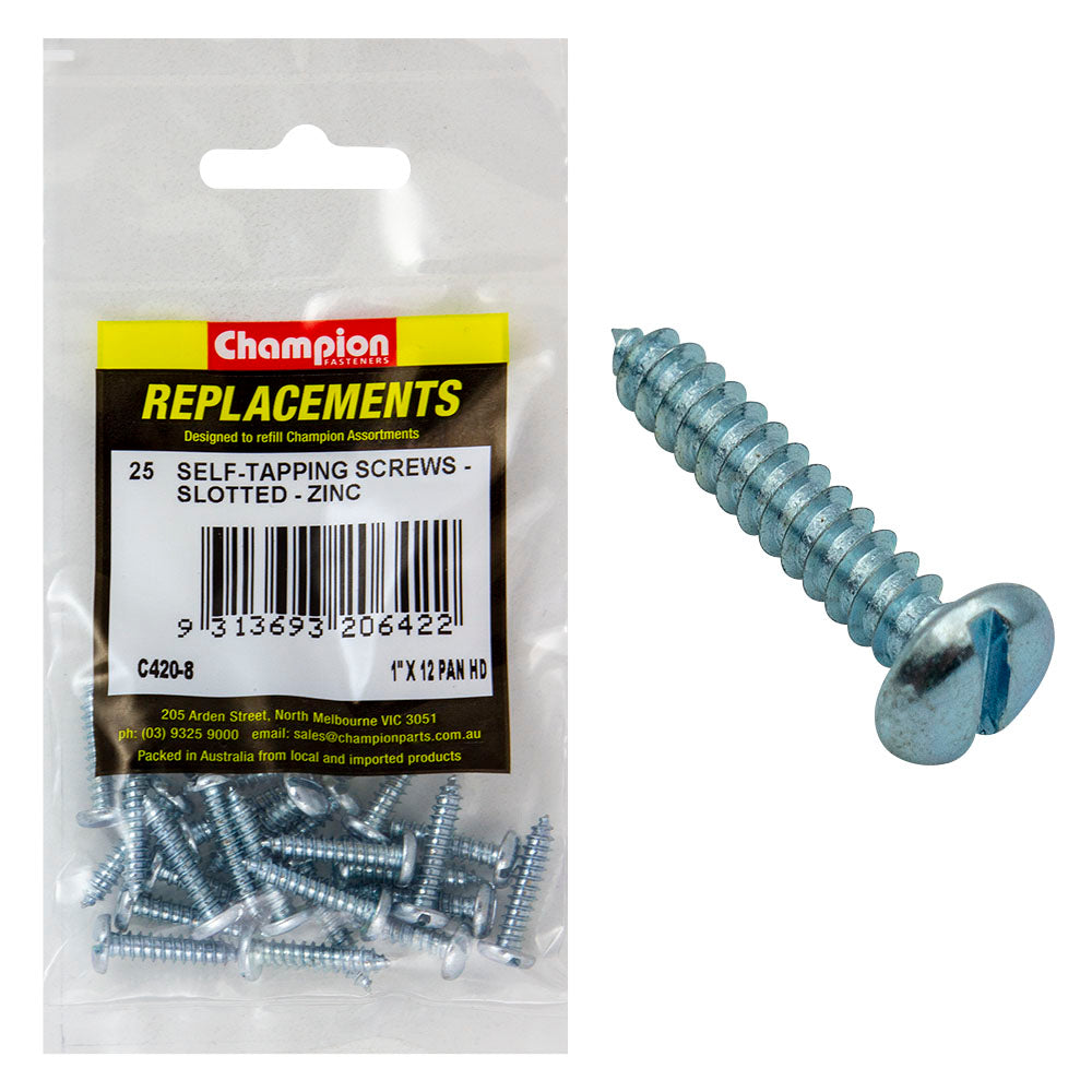 Champion 12G x 1in S/Tapping Screw Pan Head Slotted -25pk