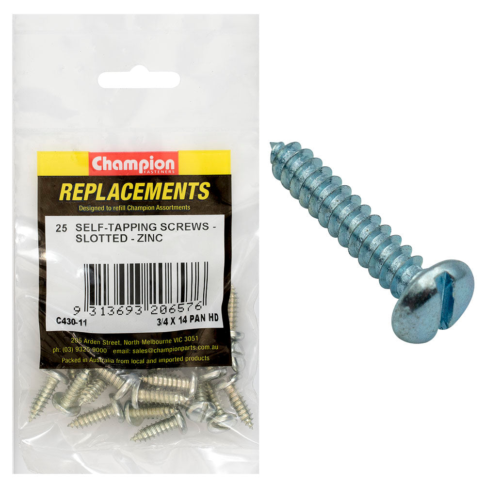 Champion 14G x 3/4in S/Tapping Screw Pan Head Slot -25pk