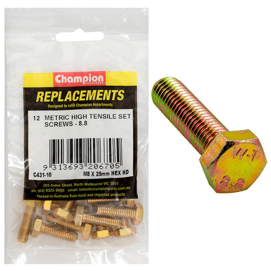 Champion M8 x 25mm x 1.25 Set Screw -Gr8.8 -12pk