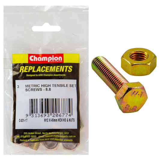 Champion M12 x 45mm x 1.75 Set Screw W/Nut -Gr8.8 -3pk