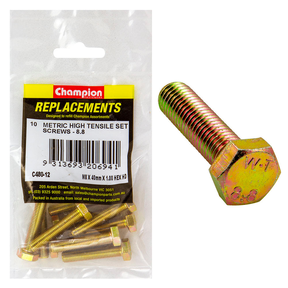 Champion M8 x 40mm x 1.00 Set Screw -Gr8.8 -10pk