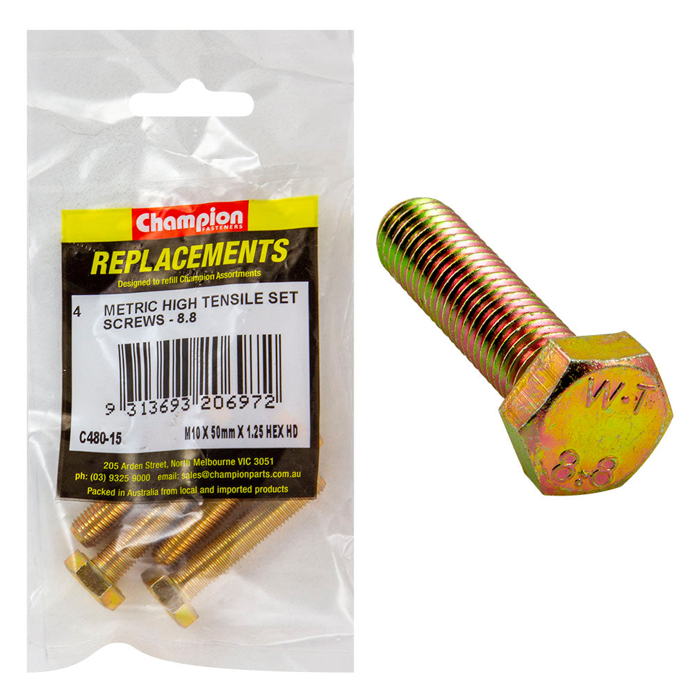 Champion M10 x 50mm x 1.25 Set Screw -Gr8.8 -4pk