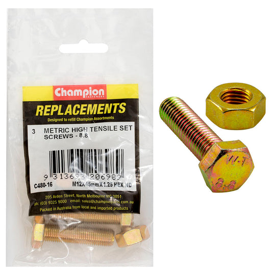 Champion M12 x 45mm x 1.25 Set Screw W/Nut -Gr8.8 -3pk