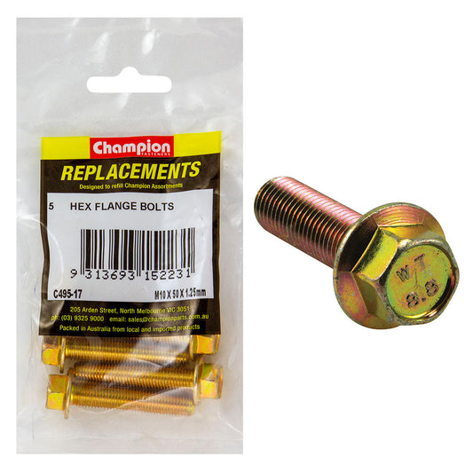 Champion M10 x 50mm x 1.25 Flange Head Set Screw -Gr8.8 -5pk