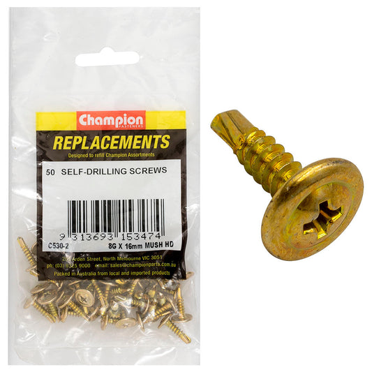 Champion 8G x 16mm Mushroom Head S/Drilling Screw Ph -50pk