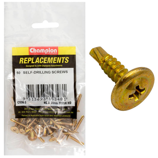 Champion 8G x 20mm Mushroom Head S/Drilling Screw Ph -50pk