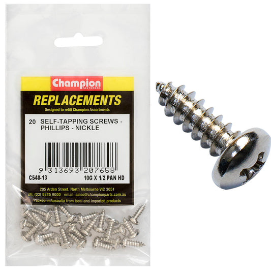 Champion 10G x 1/2in S/Tapping Screw Pan Head Phillips -20pk
