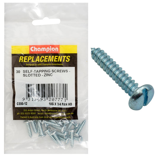 Champion 10G x 3/4in S/Tapping Pan Head Slotted -30pk