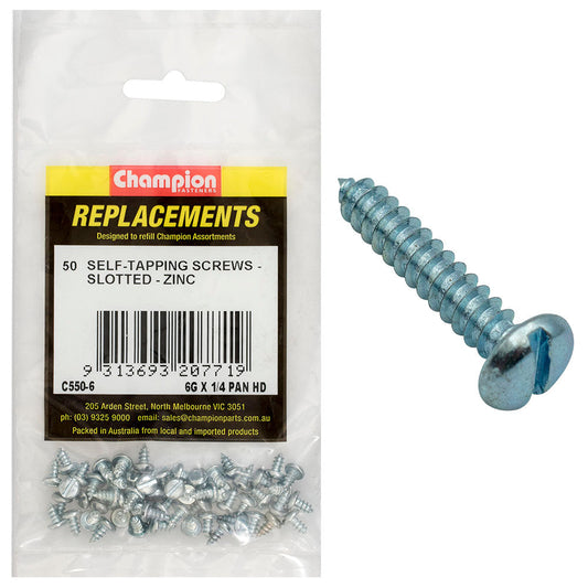 Champion 6G x 1/4in S/Tapping Pan Head Slotted -50pk