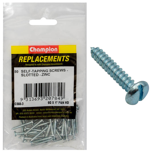 Champion 6G x 1in S/Tapping Screw Pan Head Slotted -50pk