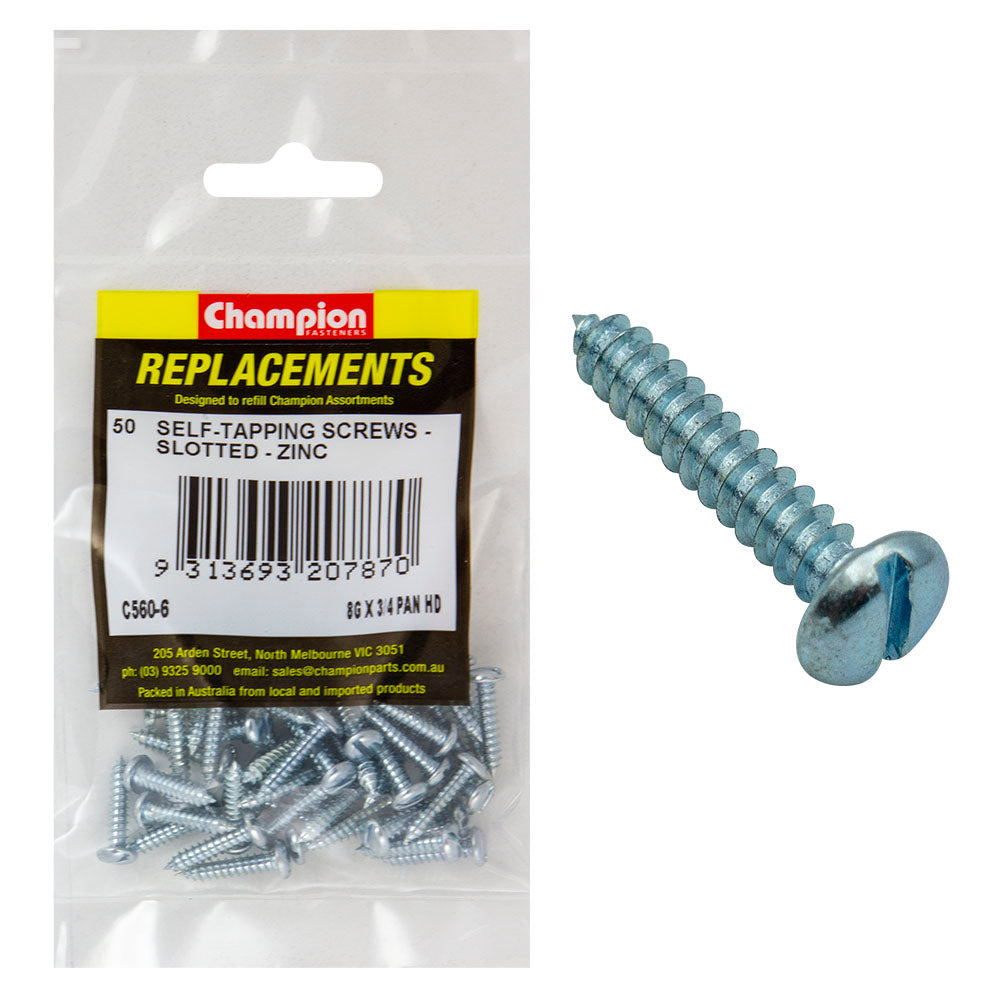 Champion 8G x 3/4in S/Tapping Screw Pan Head Slotted -50pk