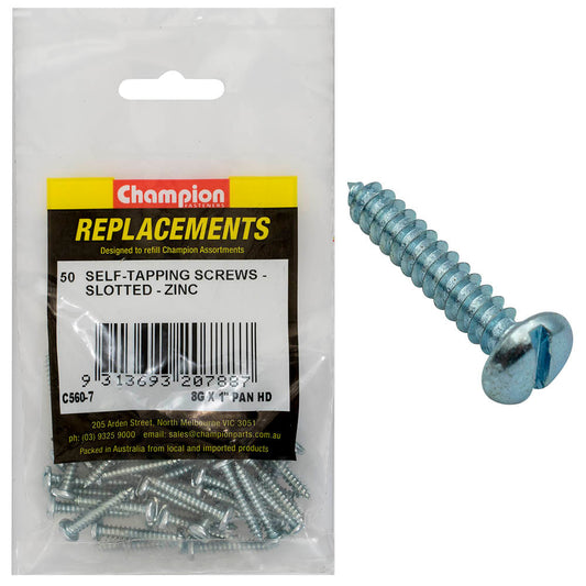 Champion 8G x 1in S/Tapping Screw Pan Head Slotted -50pk