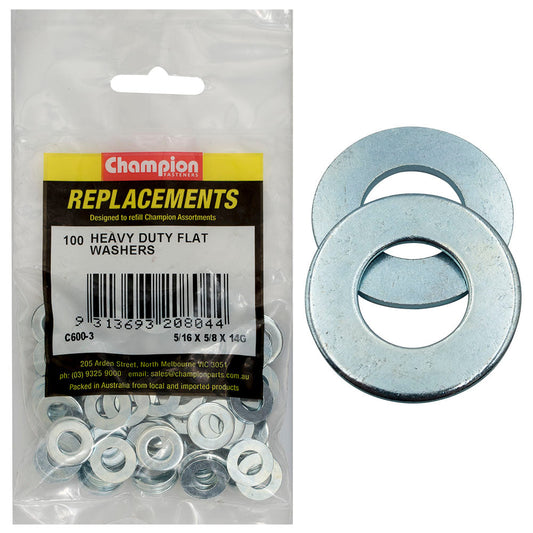 Champion 5/16in x 5/8in x 14G H/Duty Flat Steel Washer-100pk