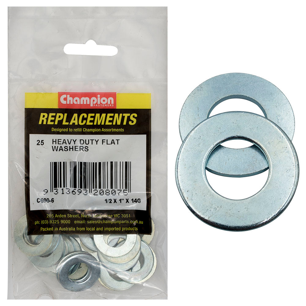 Champion 1/2in x 1in x 14G H/Duty Flat Steel Washer -25pk