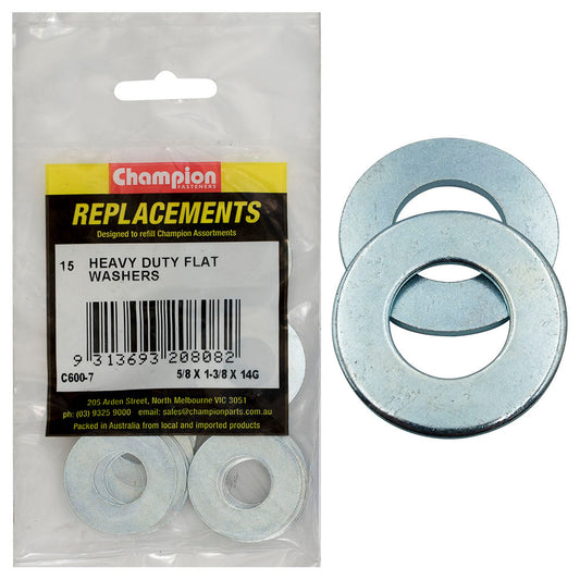Champion 5/8in x 1-3/8in x 14G H/Duty Flat Steel Washer-15pk