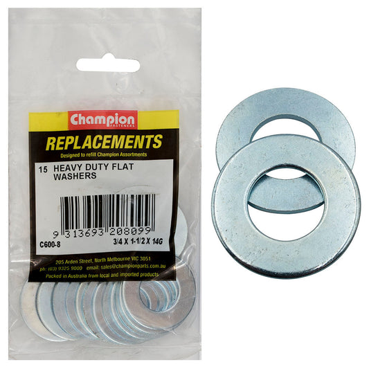 Champion 3/4in x 1-1/2in x 14G H/Duty Flat Steel Washer-15pk