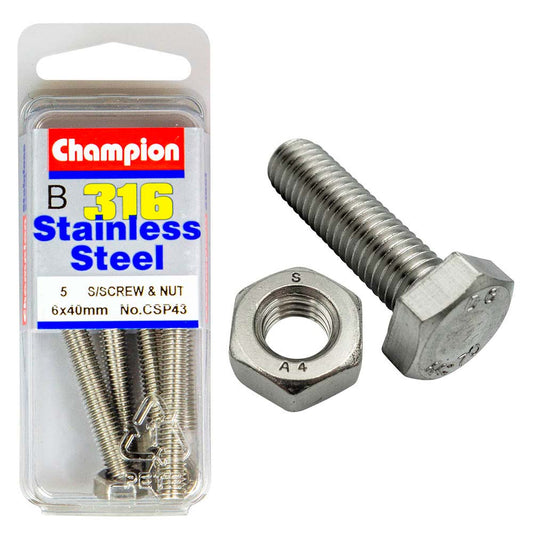 Champion 316/A4 Set Screw & Nut M6 x 40 (B)