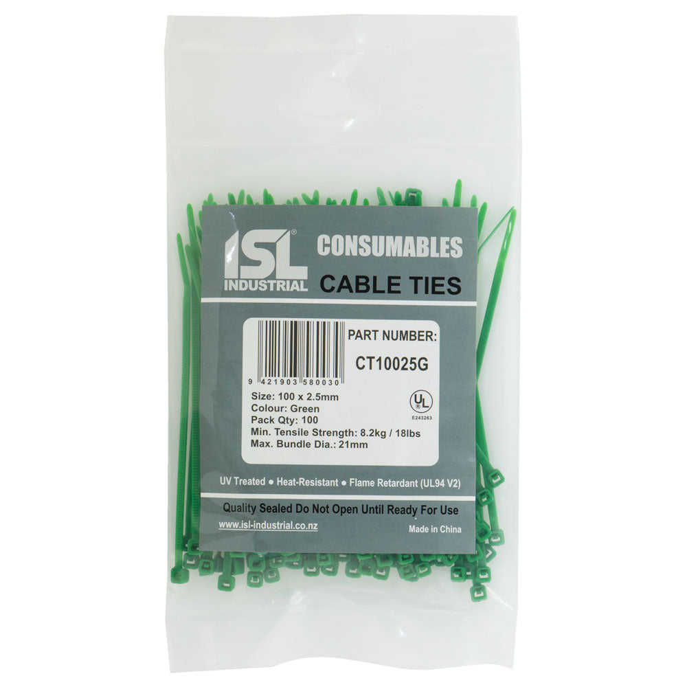 ISL 100 x 2.5mm Nylon Cable Tie - Green - 100pk