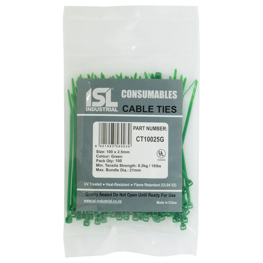 ISL 100 x 2.5mm Nylon Cable Tie - Green - 100pk