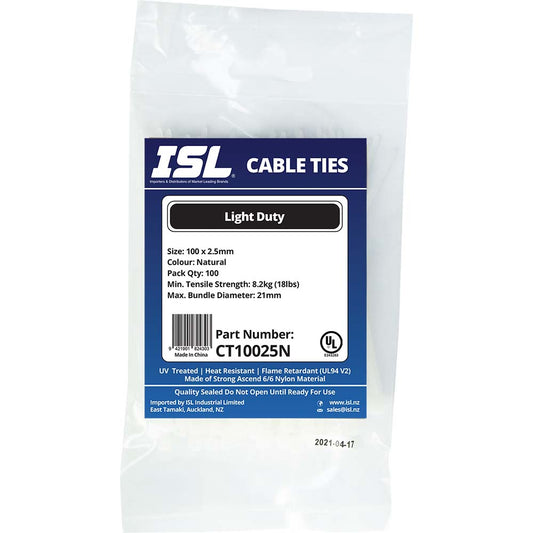 ISL 100 x 2.5mm Nylon Cable Tie - Nat. - 100pk