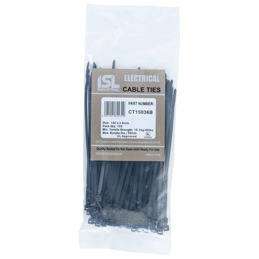 ISL 150 x 3.6mm UV Nylon Cable Tie - Blk. - 100pk
