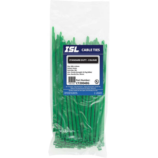 ISL 200 x 4.8mm Nylon Cable Tie - Green - 100pk
