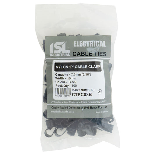 ISL Nylon 'P' Cable Clamp 8mm - Black - 100pk