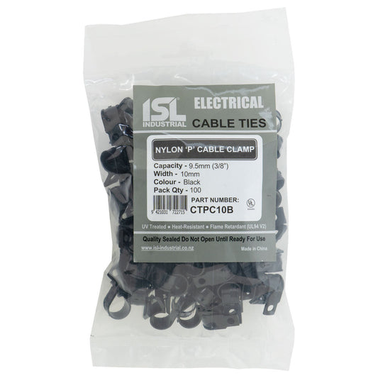 ISL Nylon 'P' Cable Clamp 10mm - Black - 100pk