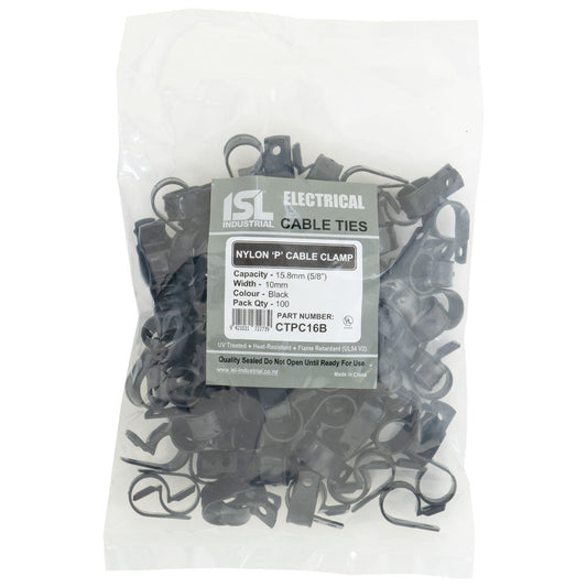 ISL Nylon 'P' Cable Clamp 16mm - Black - 100pk