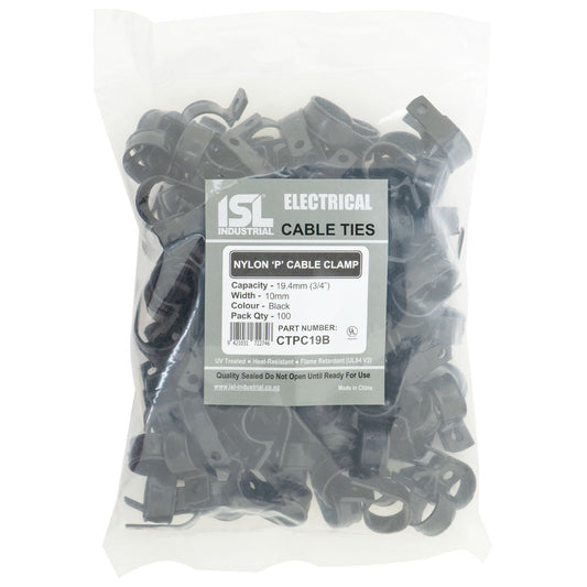 ISL Nylon 'P' Cable Clamp 19mm - Black - 100pk