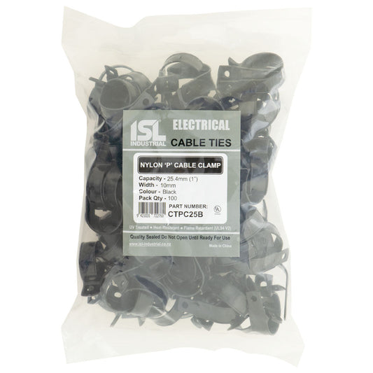 ISL Nylon 'P' Cable Clamp 25mm - Black - 100pk