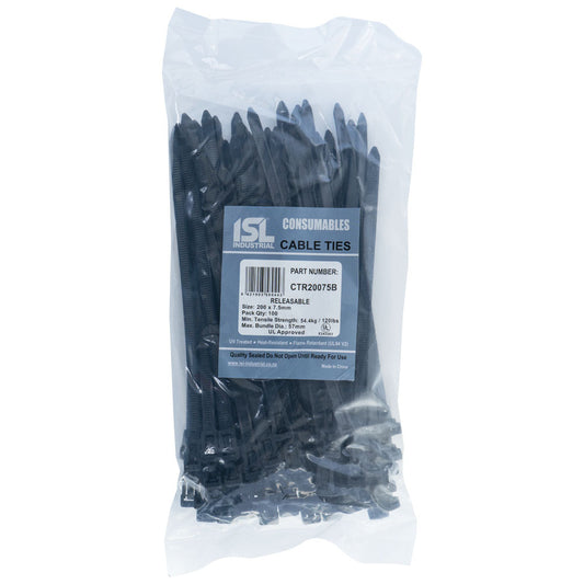 ISL 200 x 7.5mm UV Nylon Releasable Cable Tie - Blk - 100pk