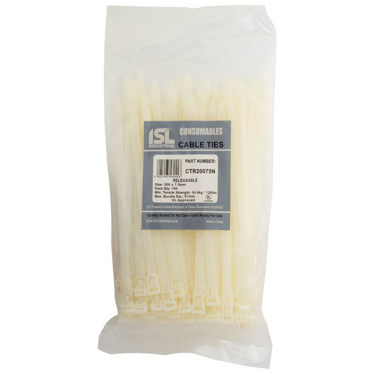 ISL 200 x 7.5mm Nylon Releasable Cable Tie - Nat - 100pk